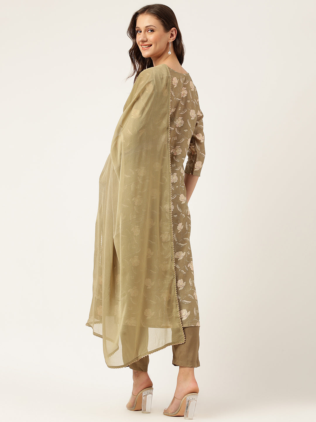 Women's Olive Embroidered Cotton Kurta Trouser with Dupatta Set - Taantav