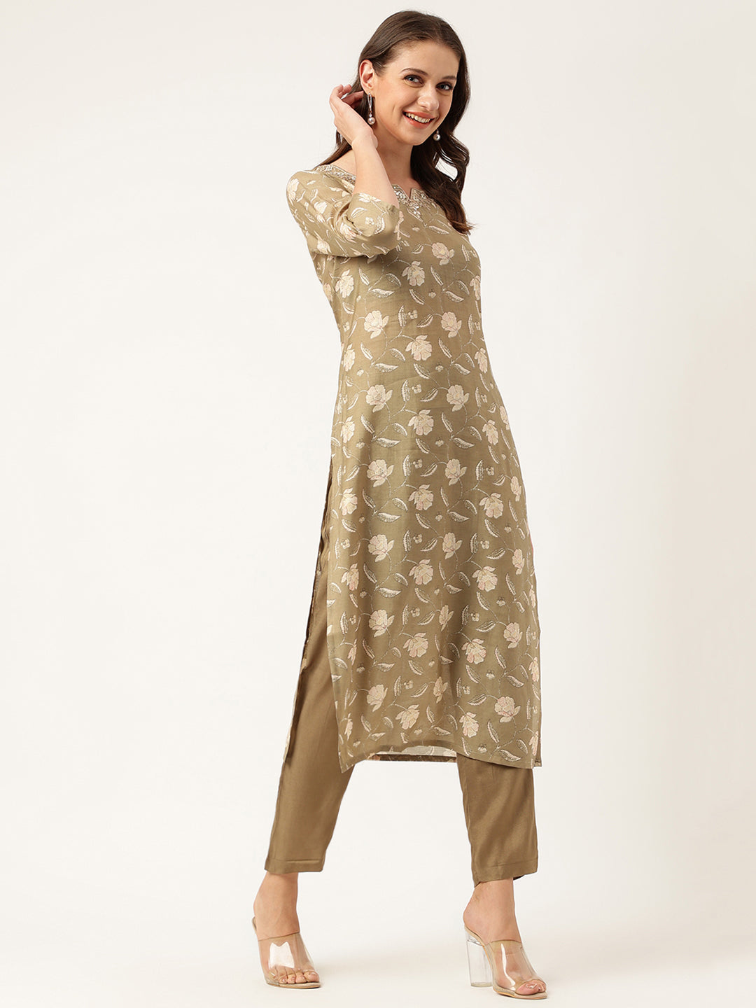 Women's Olive Embroidered Cotton Kurta Trouser with Dupatta Set - Taantav