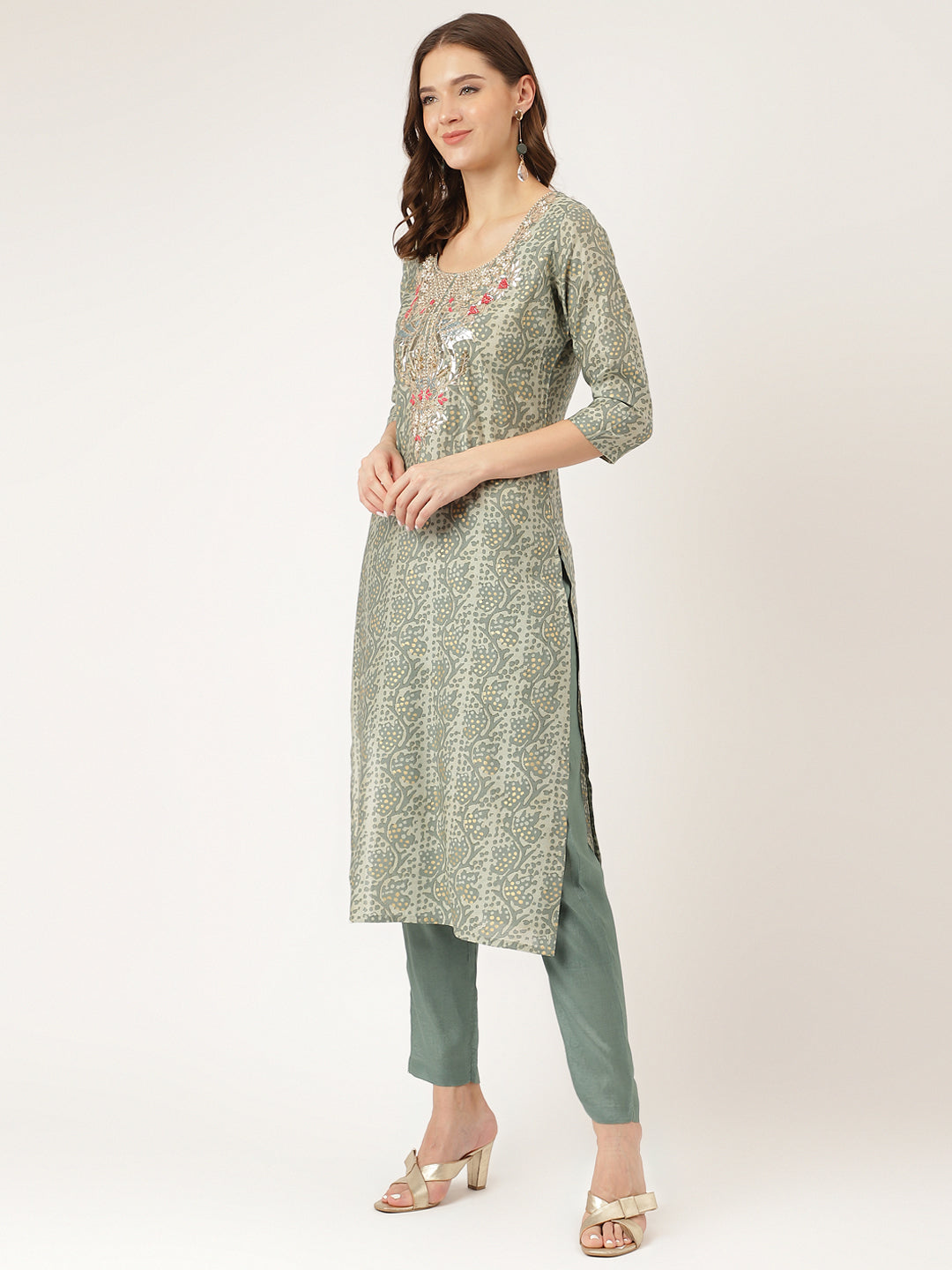 Women's Green Floral Print Chanderi Kurta, Trouser With Dupatta - Taantav