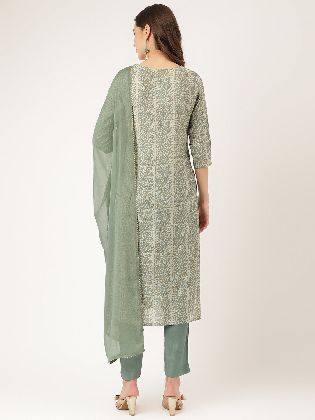 Women's Green Floral Print Chanderi Kurta, Trouser With Dupatta - Taantav