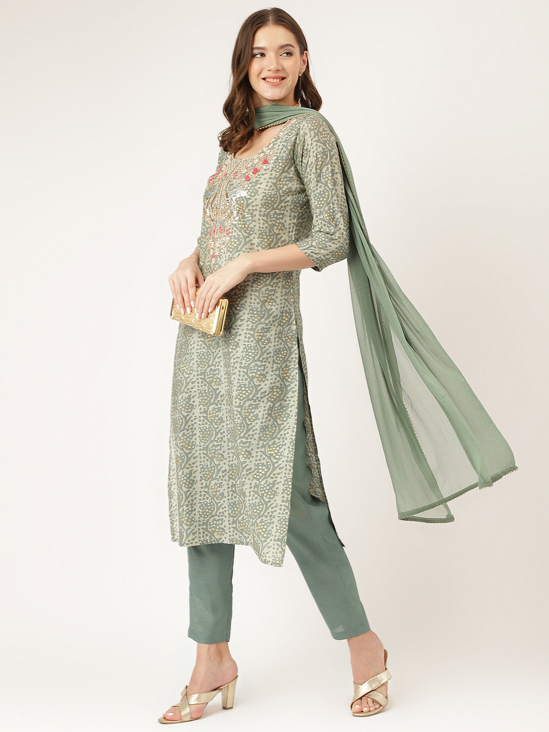 Women's Green Floral Print Chanderi Kurta, Trouser With Dupatta - Taantav