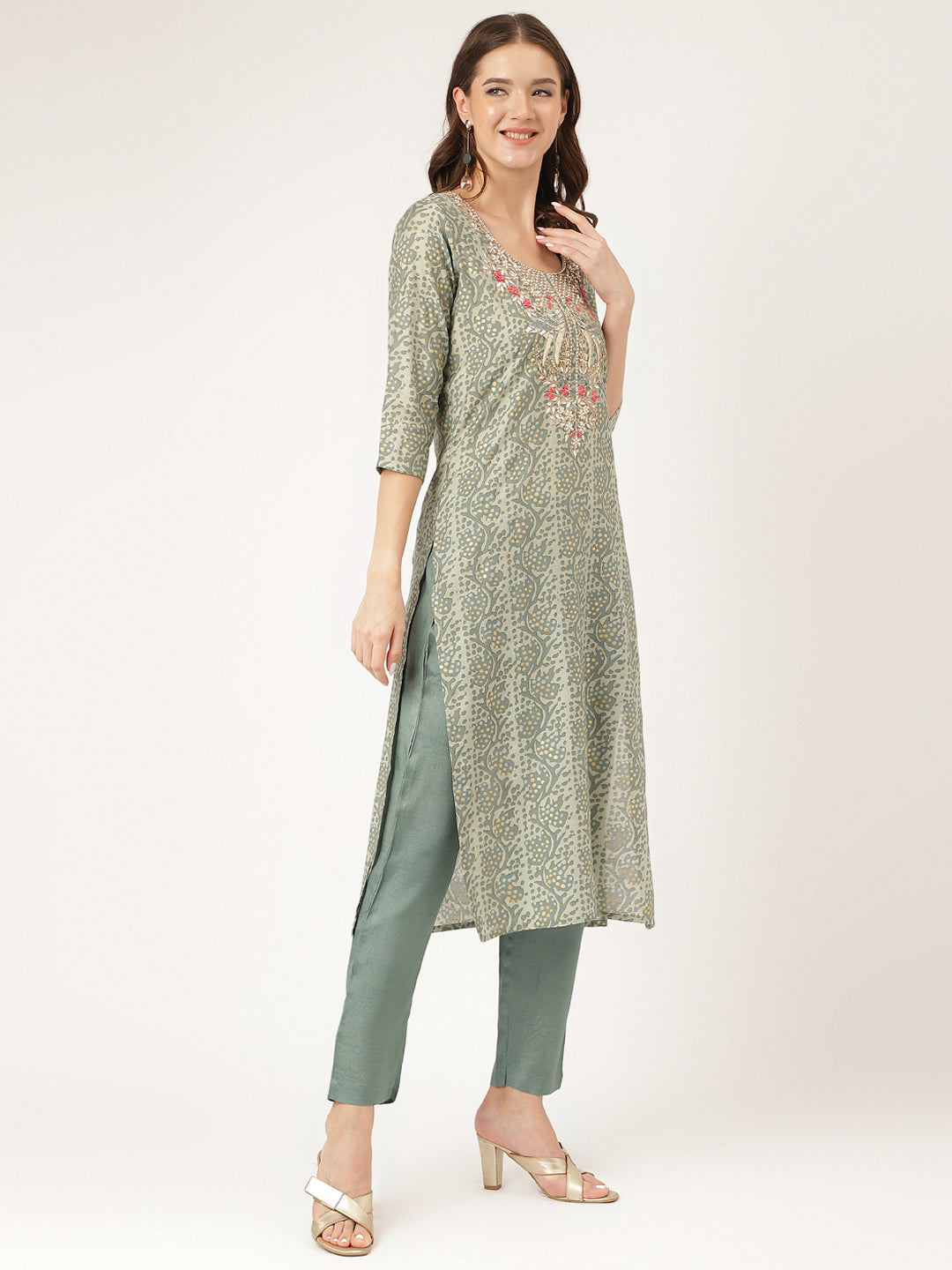 Women's Green Floral Print Chanderi Kurta, Trouser With Dupatta - Taantav