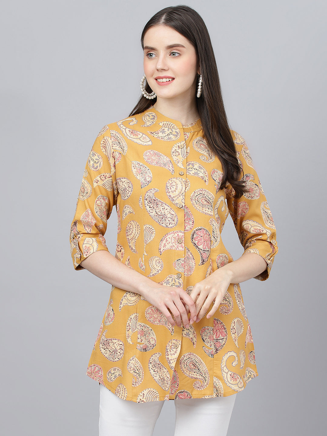 Women's Mustard Floral Rayon A-line Shirts Style Top - Taantav