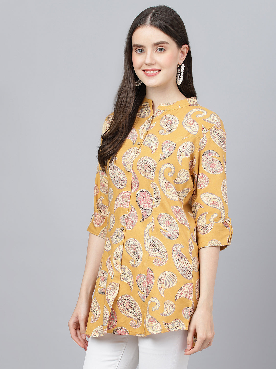 Women's Mustard Floral Rayon A-line Shirts Style Top - Taantav