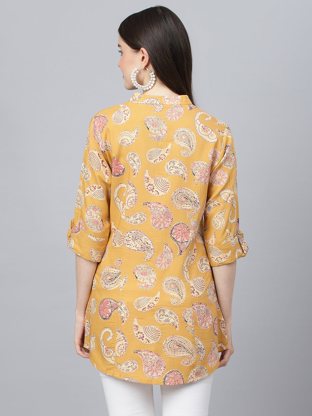 Women's Mustard Floral Rayon A-line Shirts Style Top - Taantav