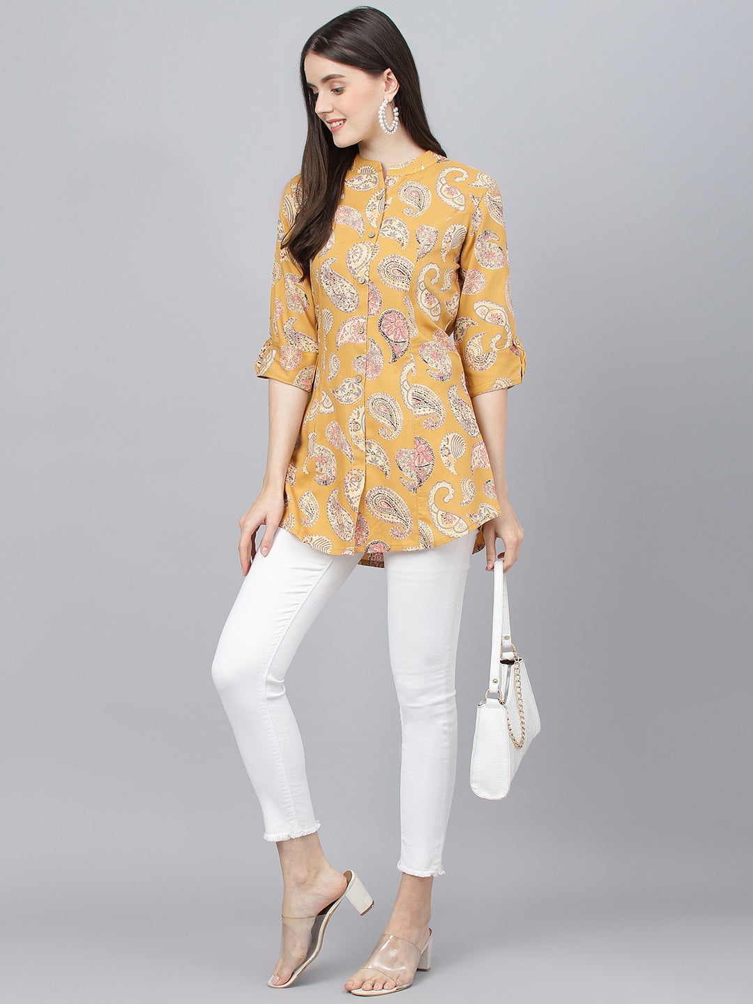 Women's Mustard Floral Rayon A-line Shirts Style Top - Taantav