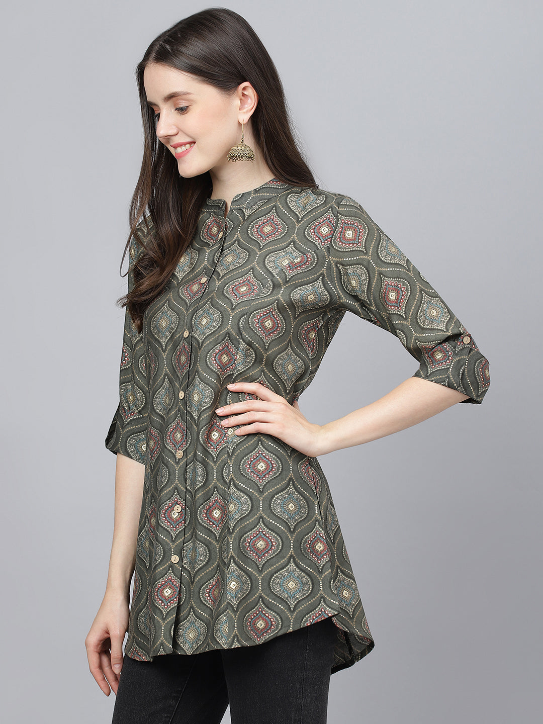 Women's Gray Motif Printed Modal A-Line Shirts Style Top - Taantav