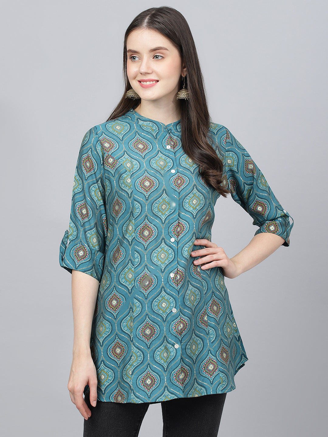 Women's Teal Blue Motif Printed Modal A-Line Shirts Style Top - Taantav