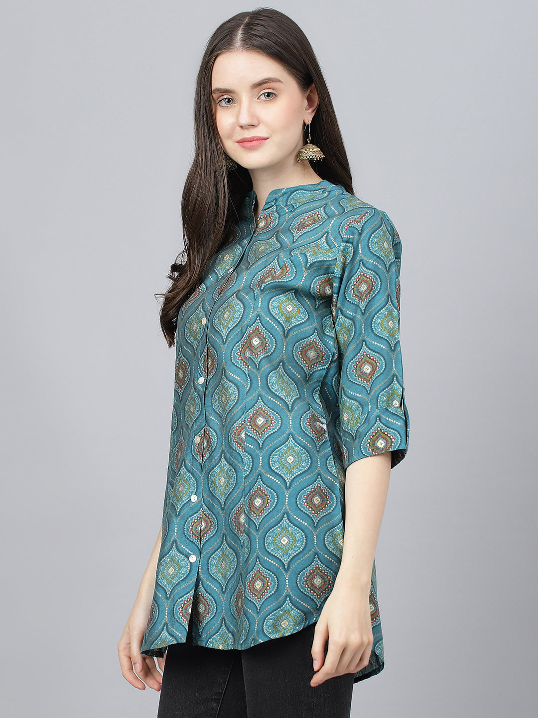 Women's Teal Blue Motif Printed Modal A-Line Shirts Style Top - Taantav