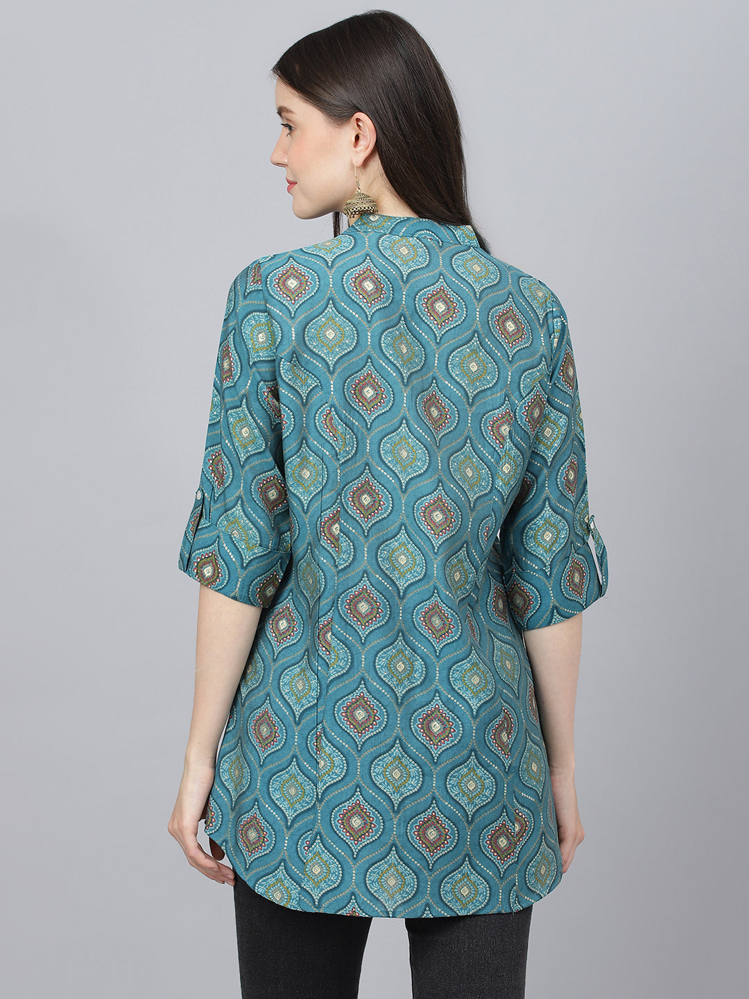 Women's Teal Blue Motif Printed Modal A-Line Shirts Style Top - Taantav