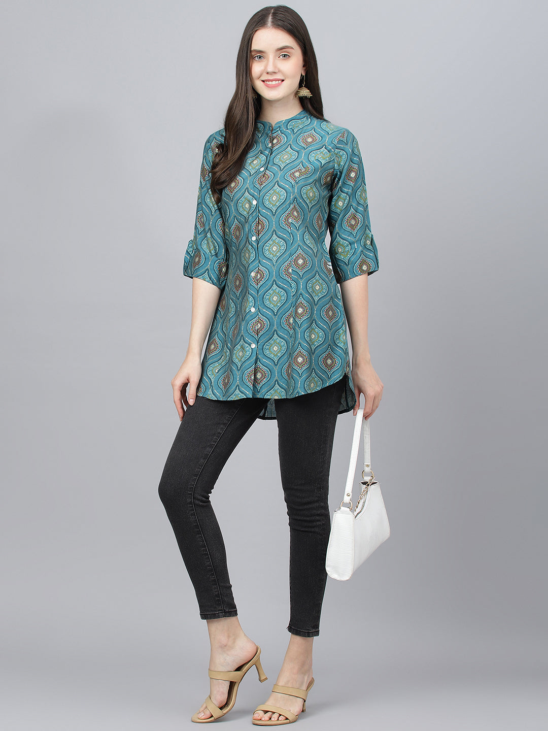 Women's Teal Blue Motif Printed Modal A-Line Shirts Style Top - Taantav