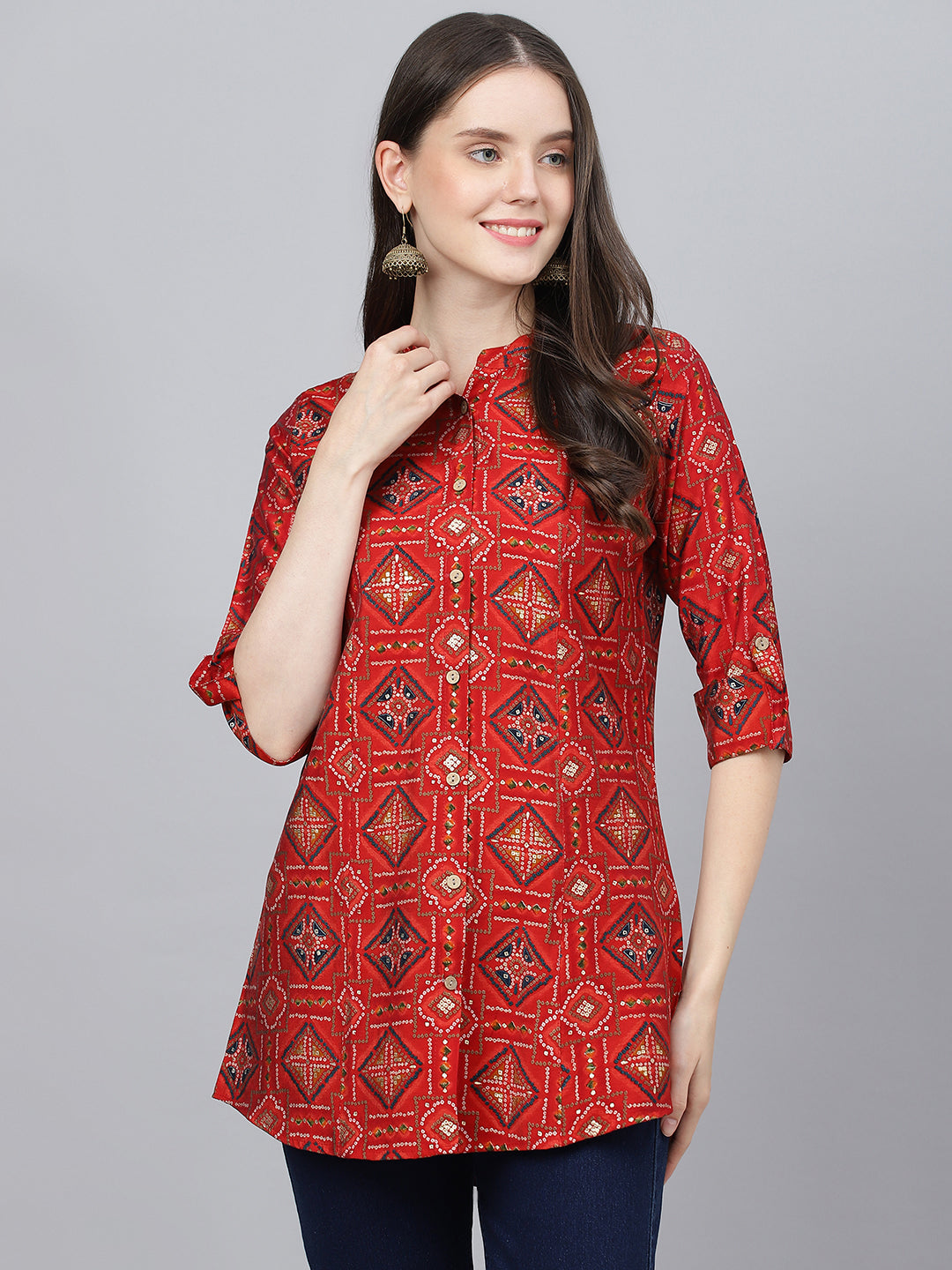 Women's Red Bandhani Printed Modal A-Line Shirts Style Top - Taantav