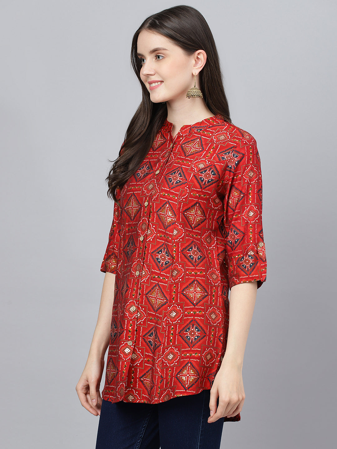 Women's Red Bandhani Printed Modal A-Line Shirts Style Top - Taantav