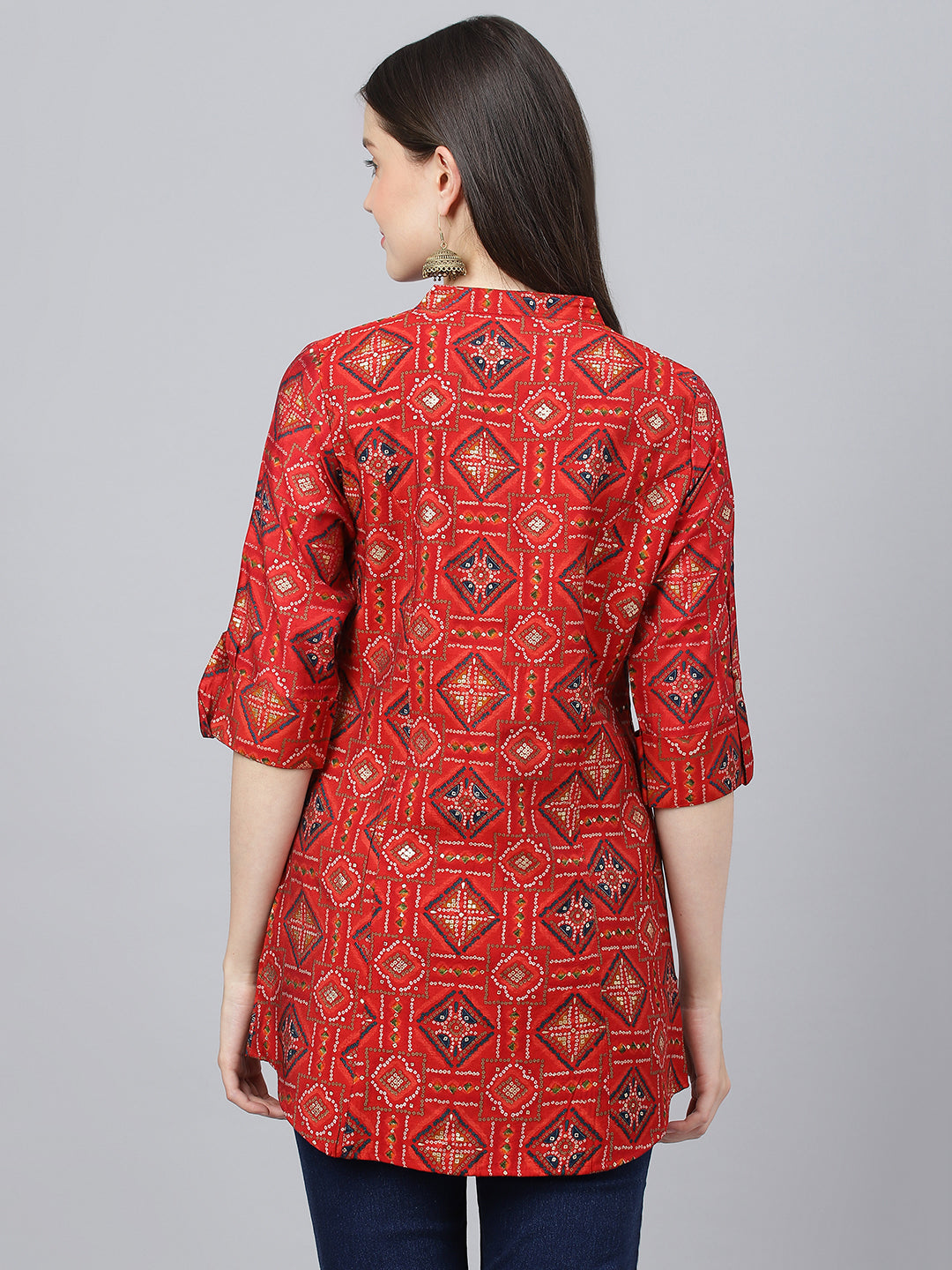 Women's Red Bandhani Printed Modal A-Line Shirts Style Top - Taantav