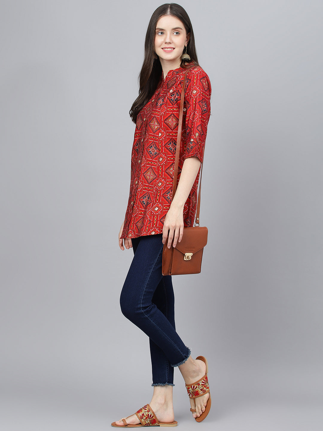 Women's Red Bandhani Printed Modal A-Line Shirts Style Top - Taantav