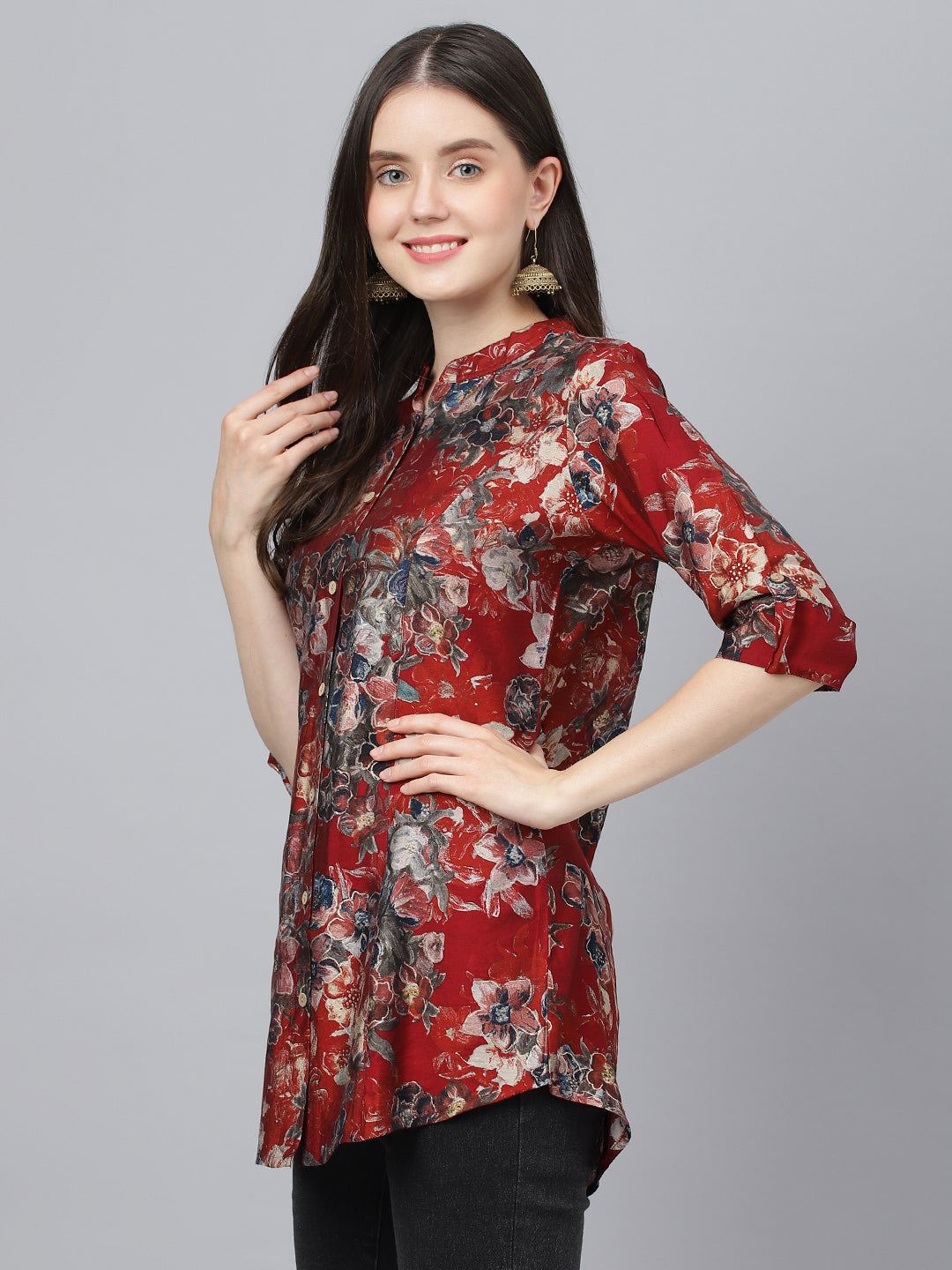Women's Maroon Floral Printed Modal A-Line Shirts Style Top