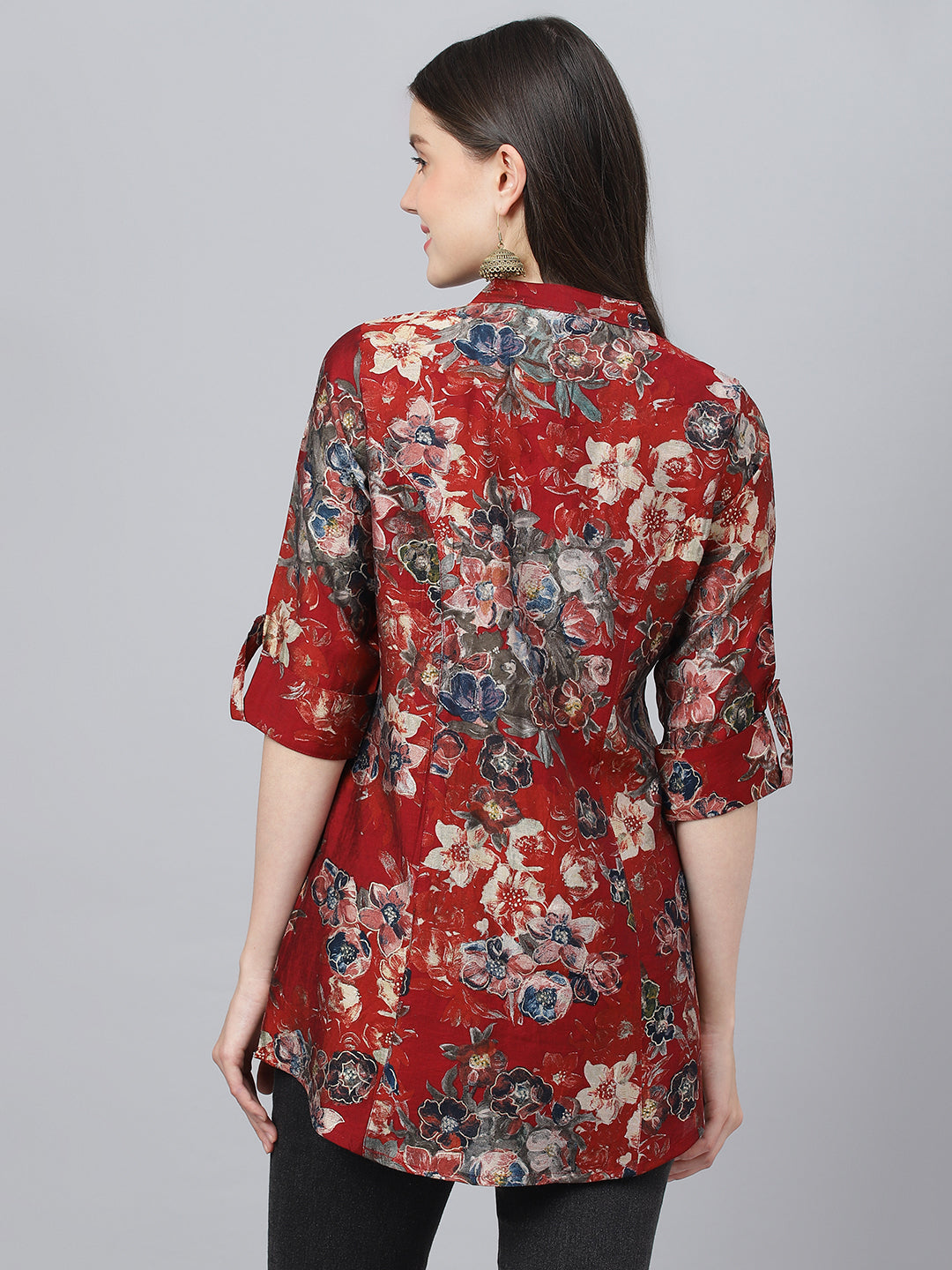 Women's Maroon Floral Printed Modal A-Line Shirts Style Top