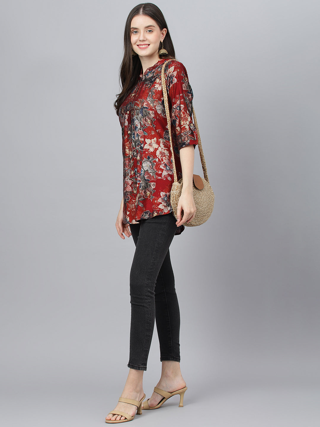 Women's Maroon Floral Printed Modal A-Line Shirts Style Top