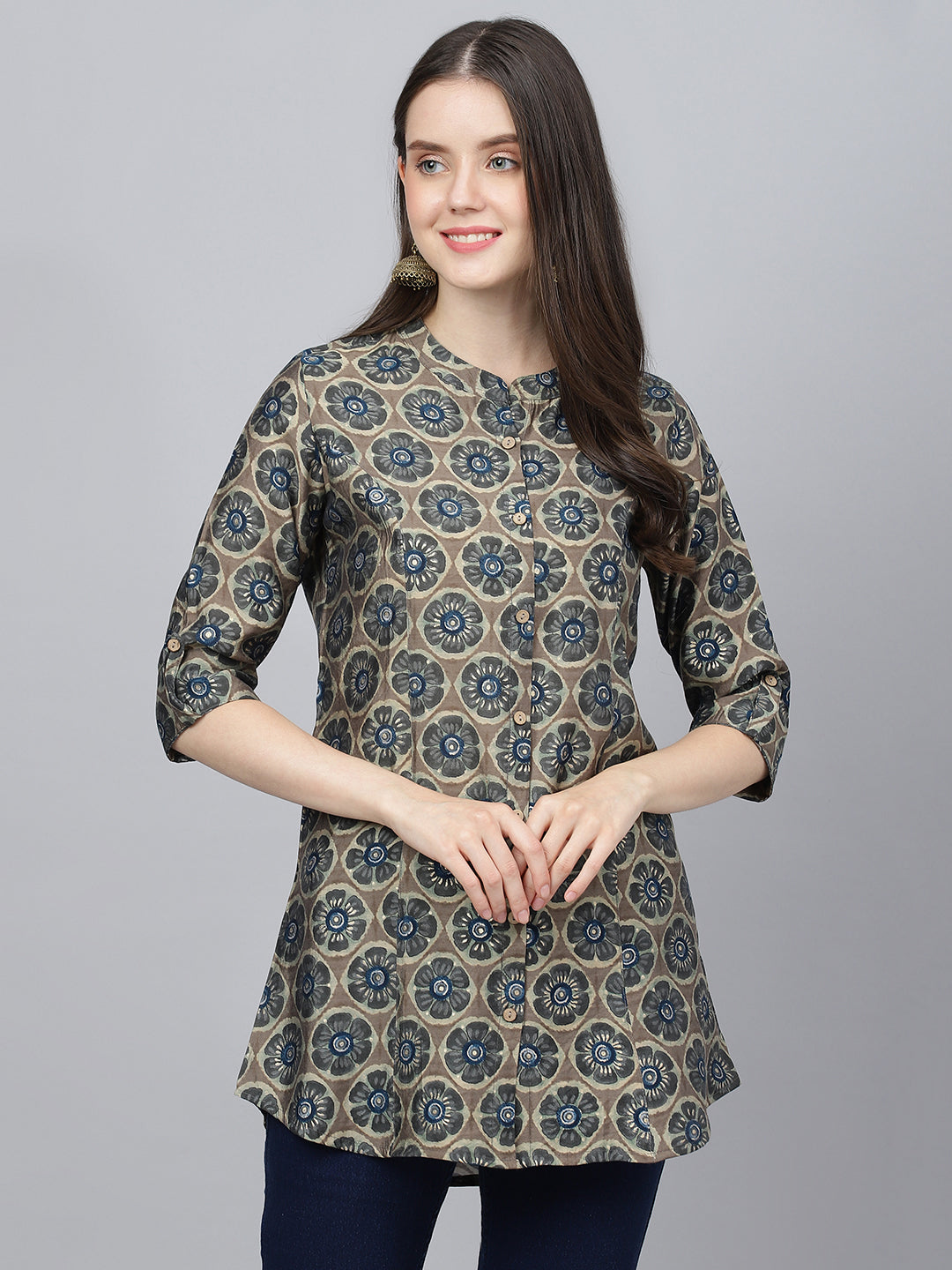 Women's Brown Floral Printed Modal A-Line Shirts Style Top - Taantav