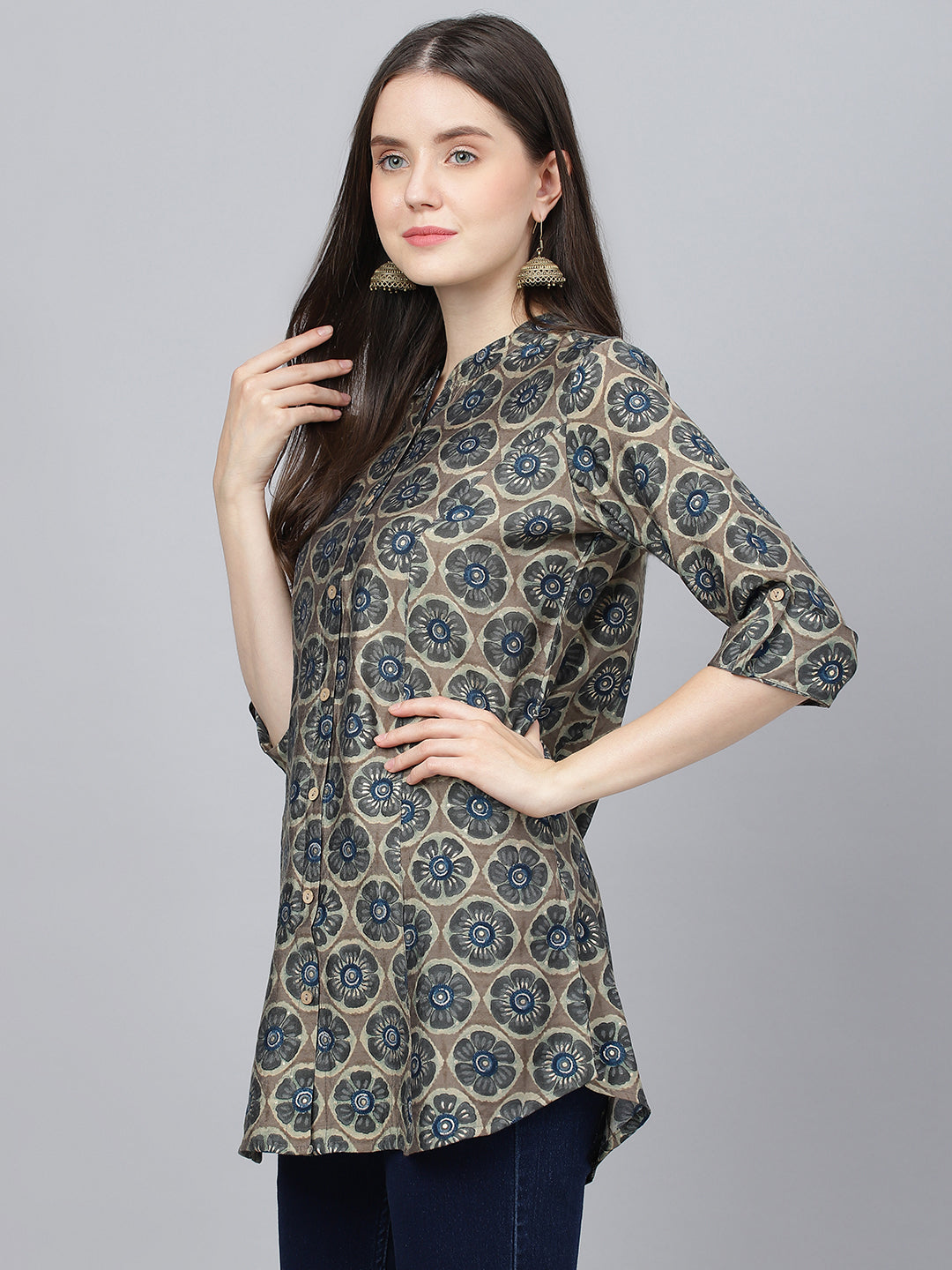 Women's Brown Floral Printed Modal A-Line Shirts Style Top - Taantav