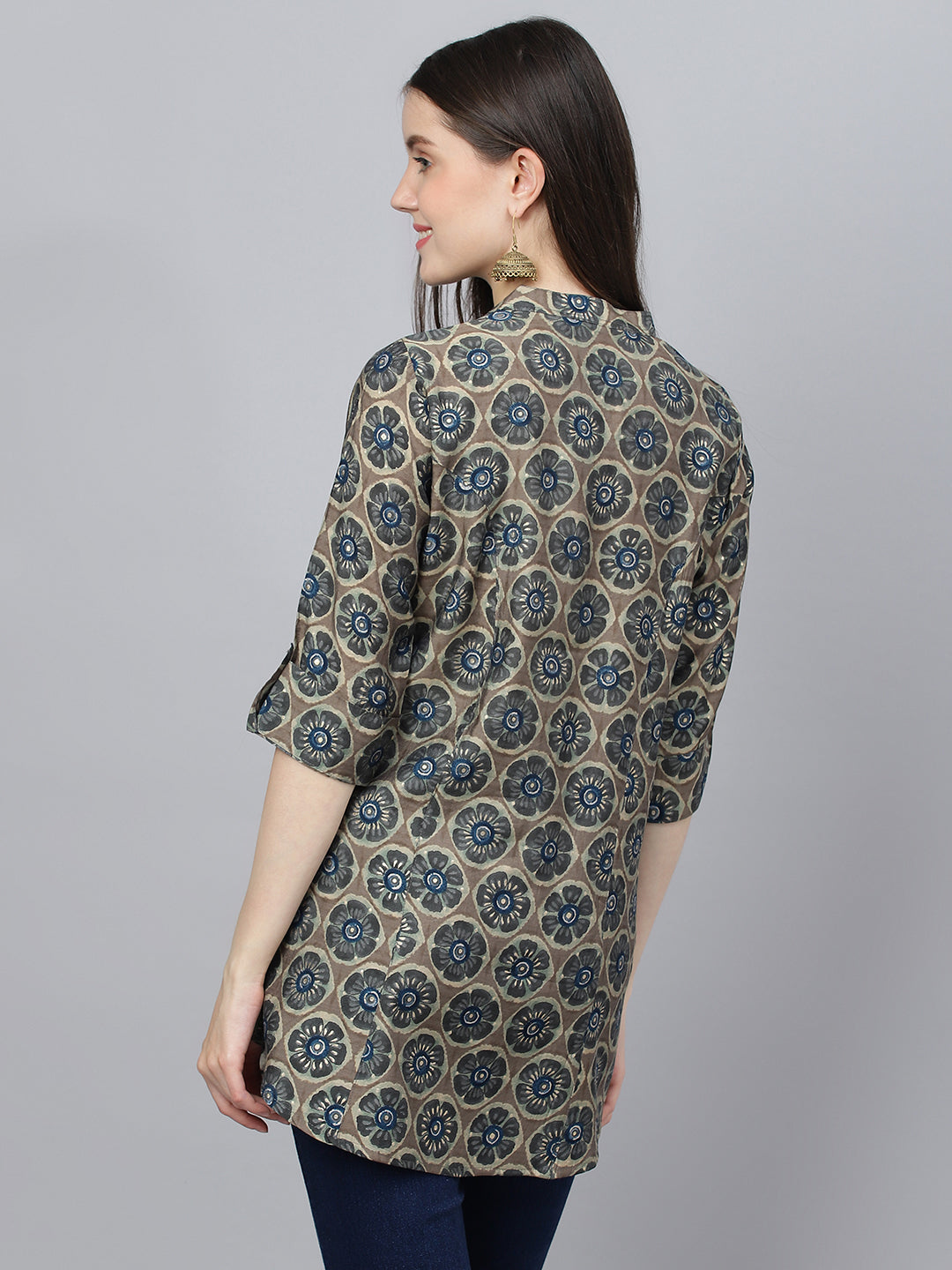 Women's Brown Floral Printed Modal A-Line Shirts Style Top - Taantav