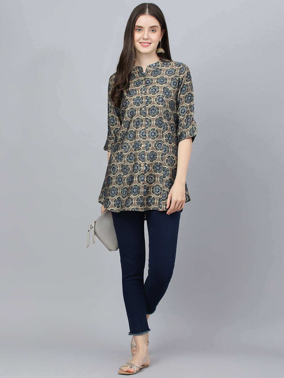 Women's Brown Floral Printed Modal A-Line Shirts Style Top - Taantav