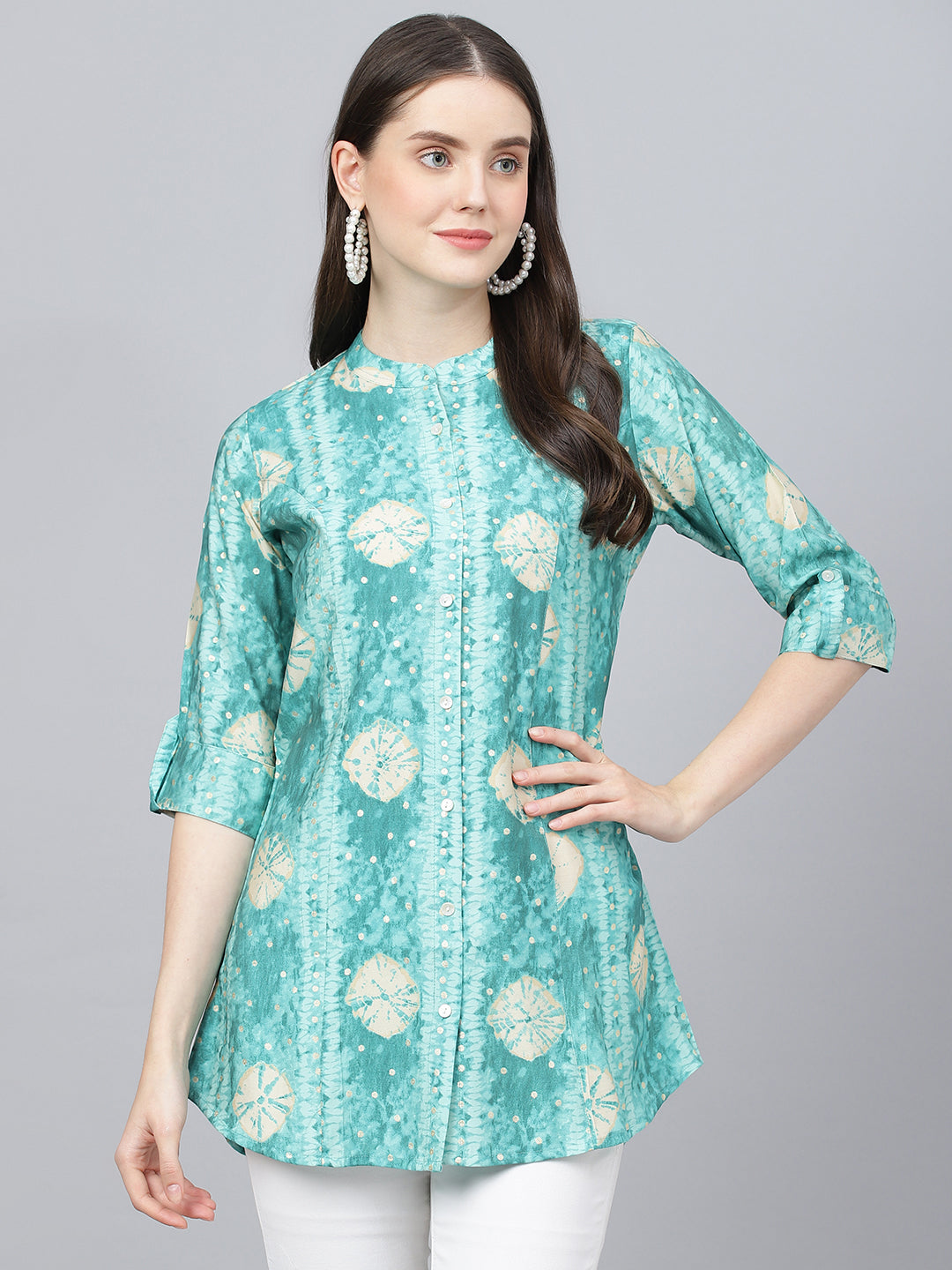 Women's Sea green Abstract Printed Modal A-Line Shirts Style Top - Taantav