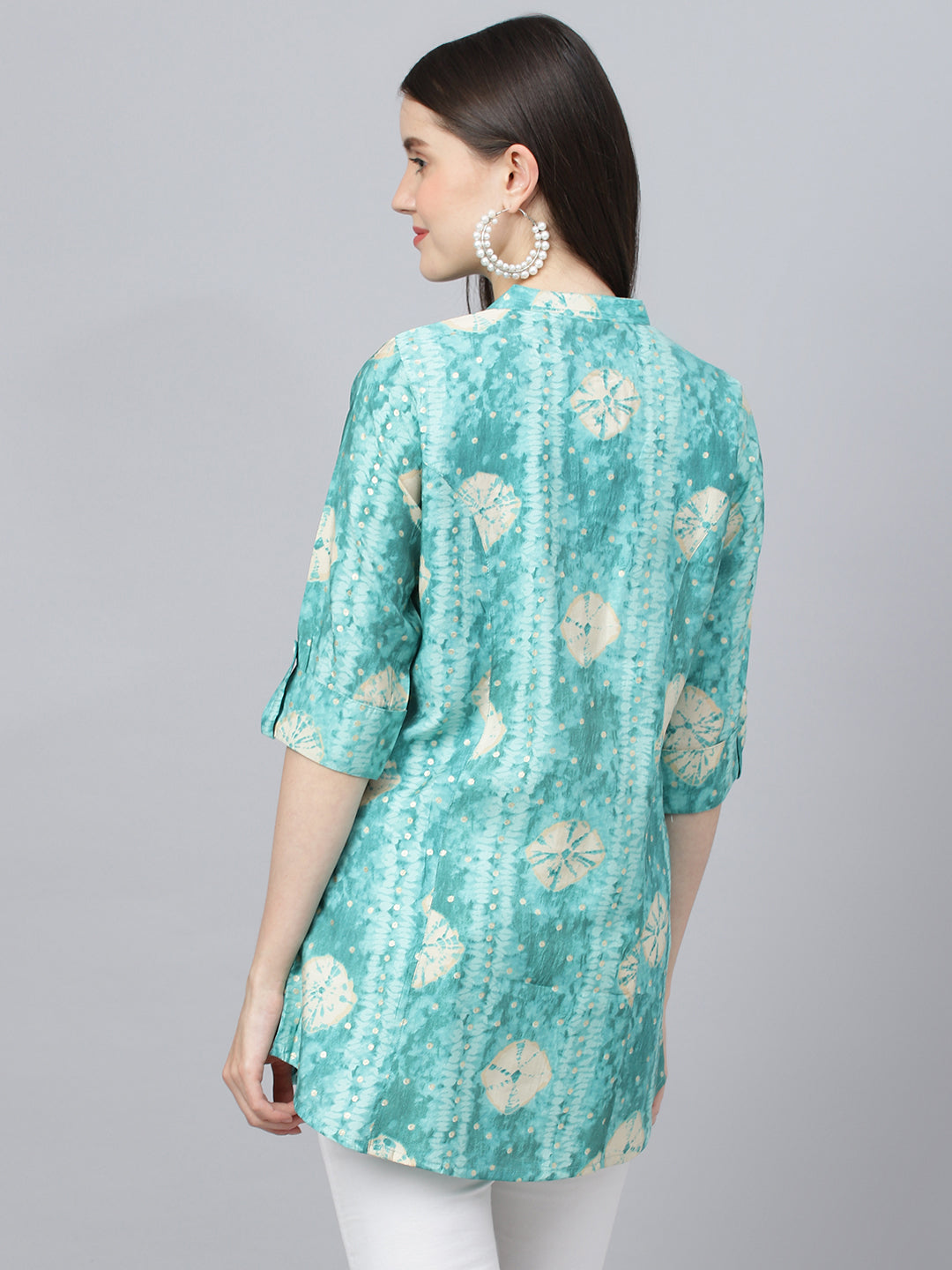 Women's Sea green Abstract Printed Modal A-Line Shirts Style Top - Taantav