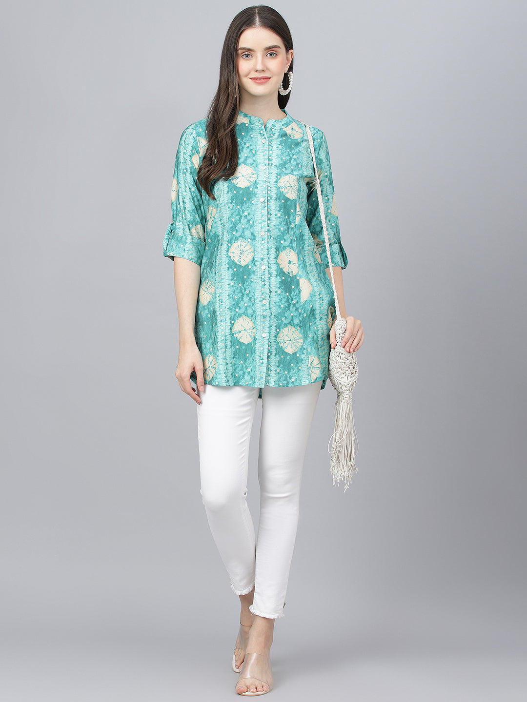 Women's Sea green Abstract Printed Modal A-Line Shirts Style Top - Taantav