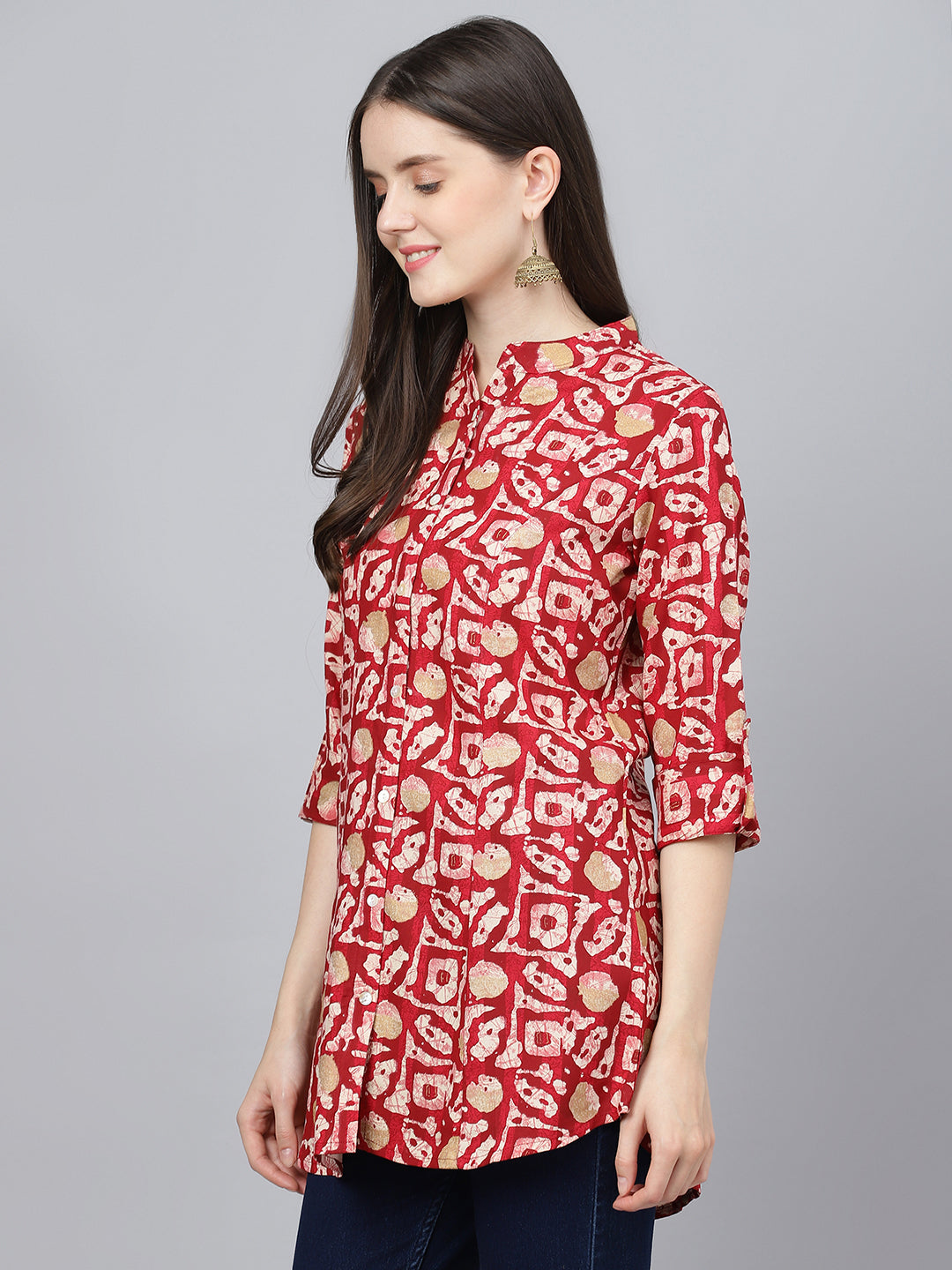 Women's Red Abstract printed Rayon A-line Shirts Style Top - Taantav