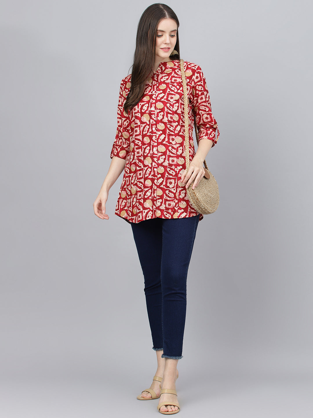 Women's Red Abstract printed Rayon A-line Shirts Style Top - Taantav