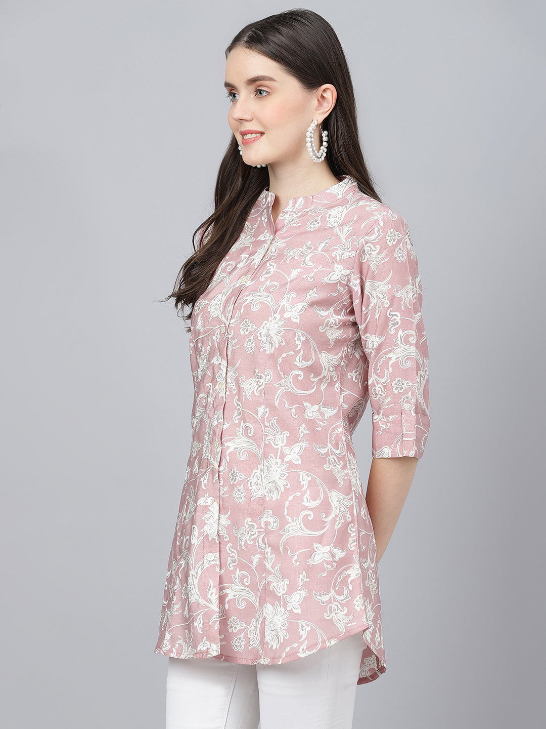 Women's Dusty pink Floral printed Modal A-line Shirts Style Top - Taantav