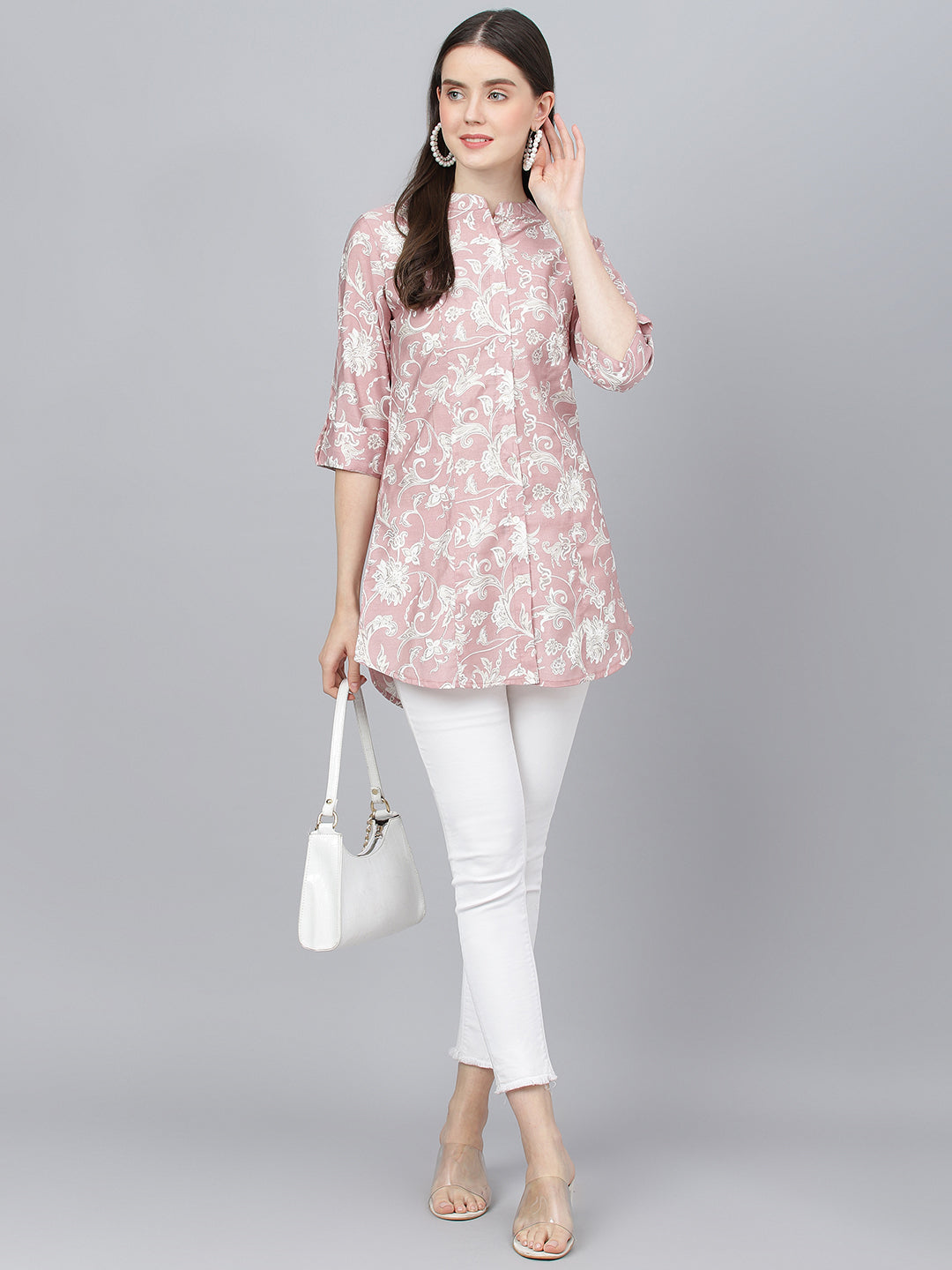 Women's Dusty pink Floral printed Modal A-line Shirts Style Top - Taantav