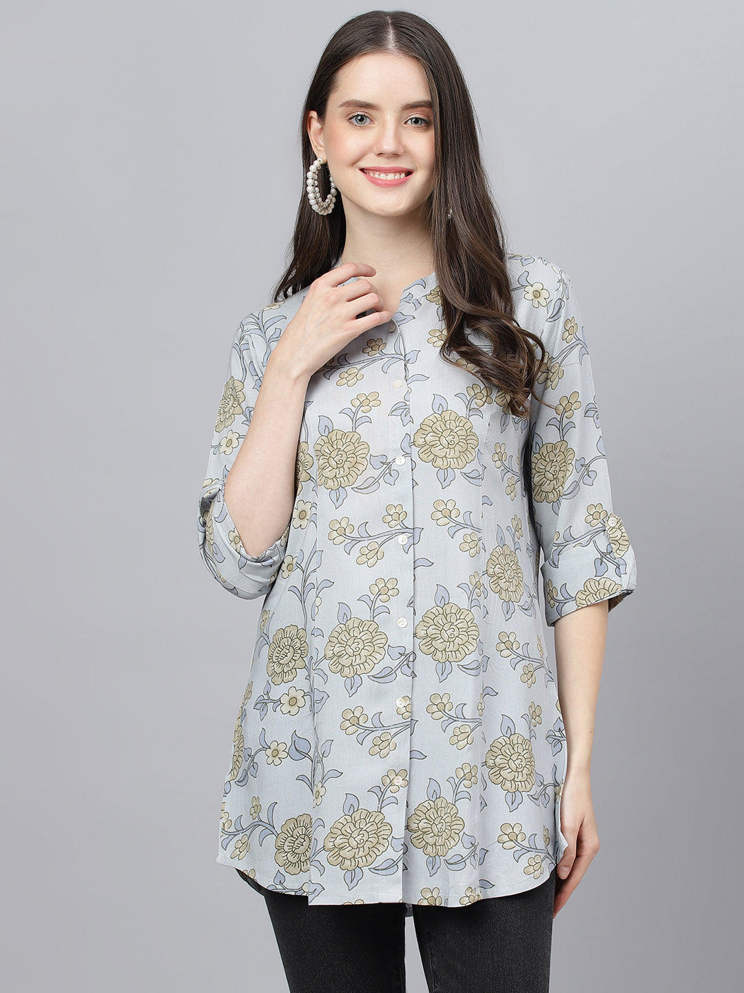 Women's Dusty Blue Floral printed Rayon A-line Shirts Style Top - Taantav