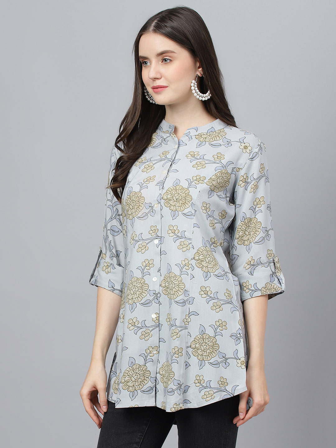 Women's Dusty Blue Floral printed Rayon A-line Shirts Style Top - Taantav