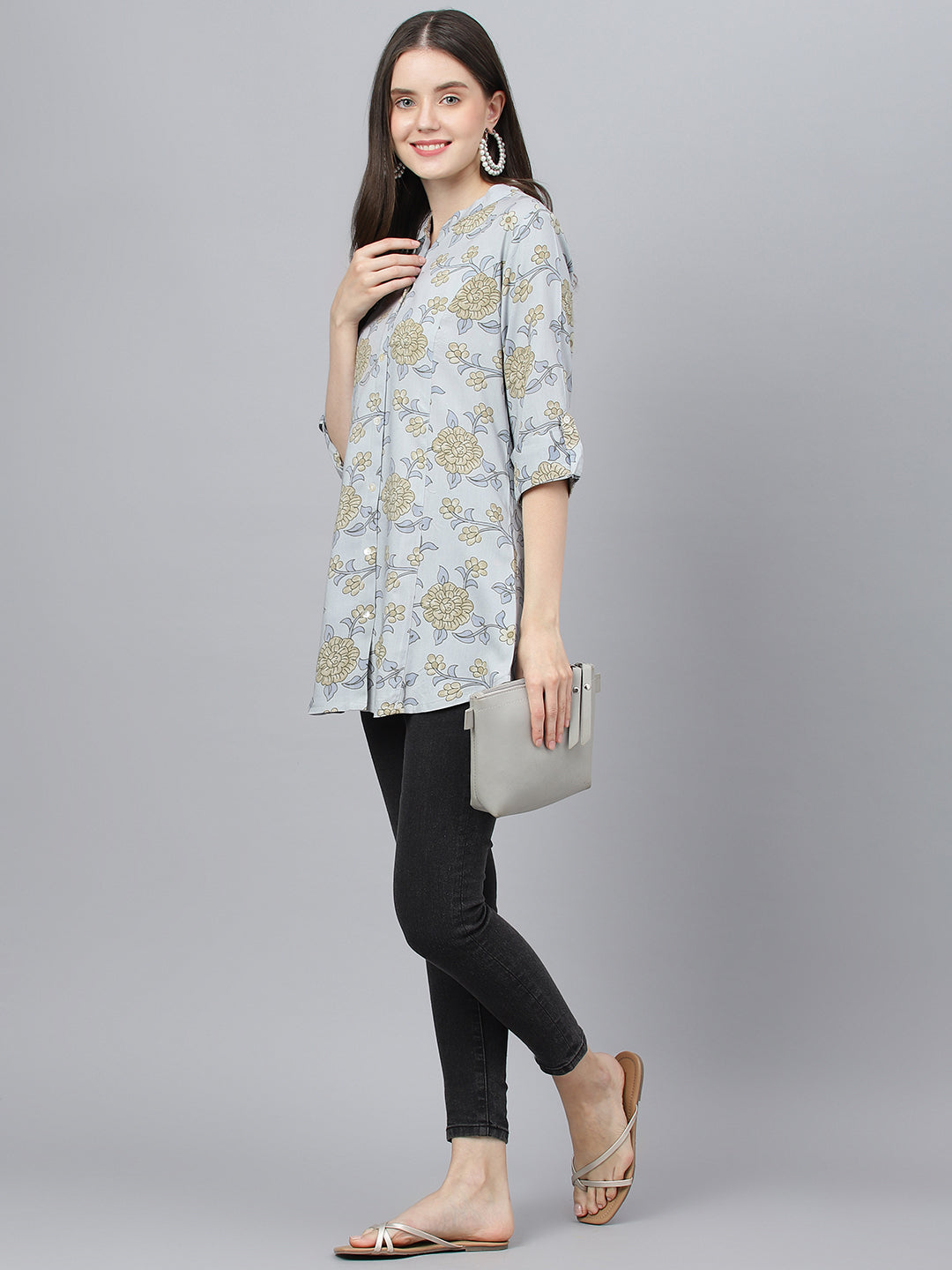 Women's Dusty Blue Floral printed Rayon A-line Shirts Style Top - Taantav