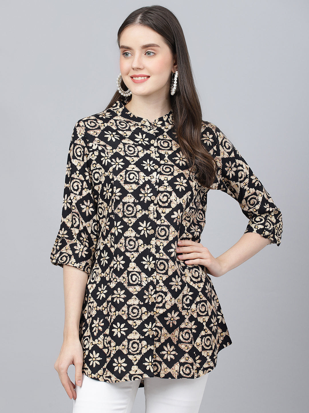 Women's Black Floral printed Rayon A-line Shirts Style Top - Taantav