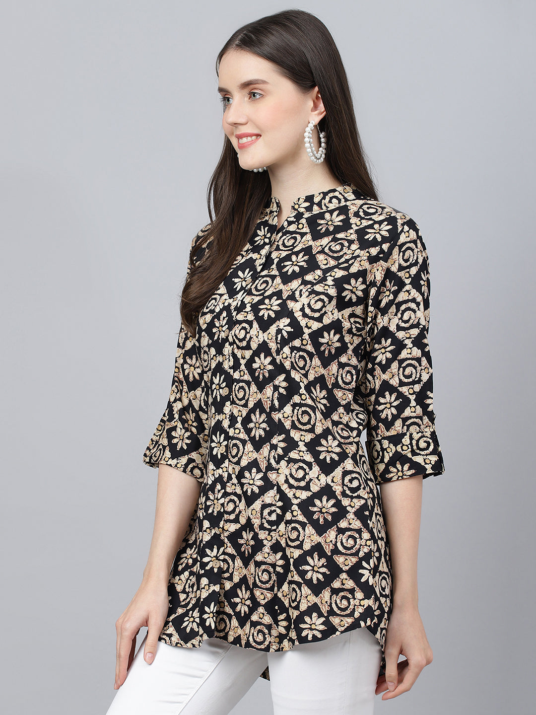 Women's Black Floral printed Rayon A-line Shirts Style Top - Taantav