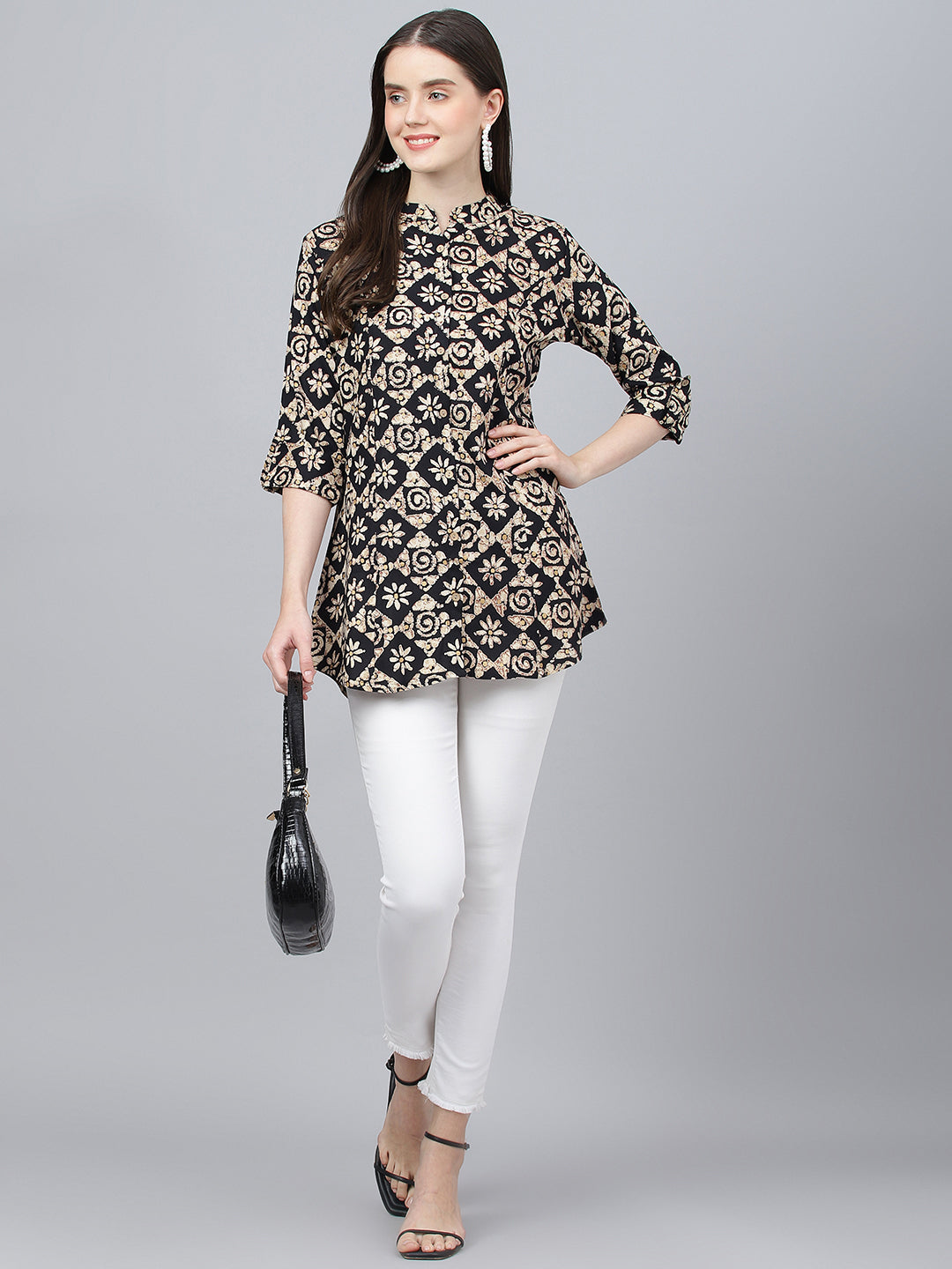 Women's Black Floral printed Rayon A-line Shirts Style Top - Taantav