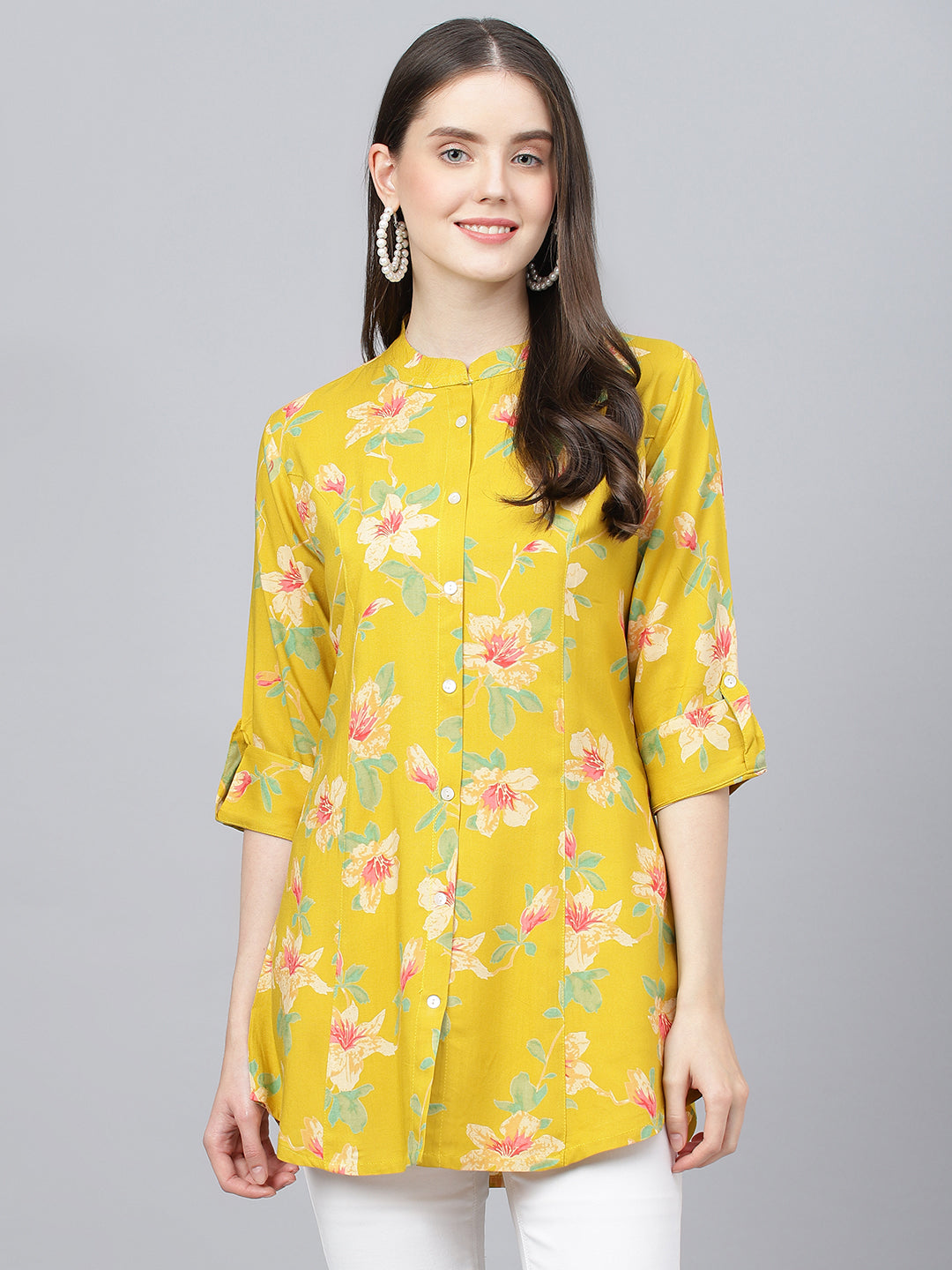 Women's Yellow Floral printed Rayon A-line Shirts Style Top - Taantav