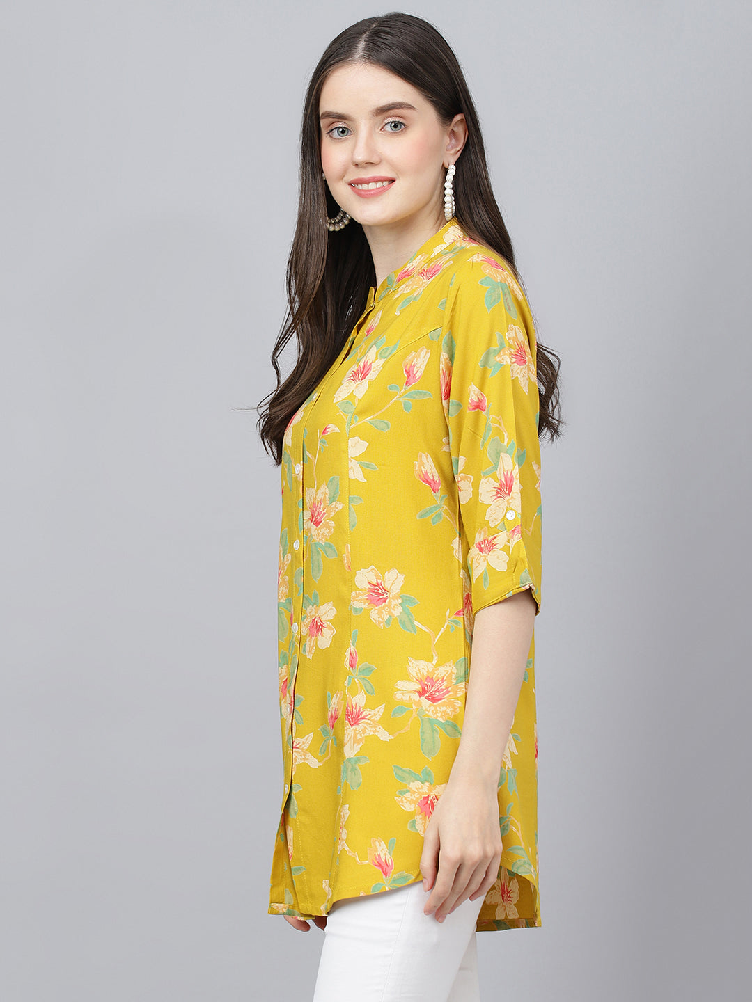 Women's Yellow Floral printed Rayon A-line Shirts Style Top - Taantav