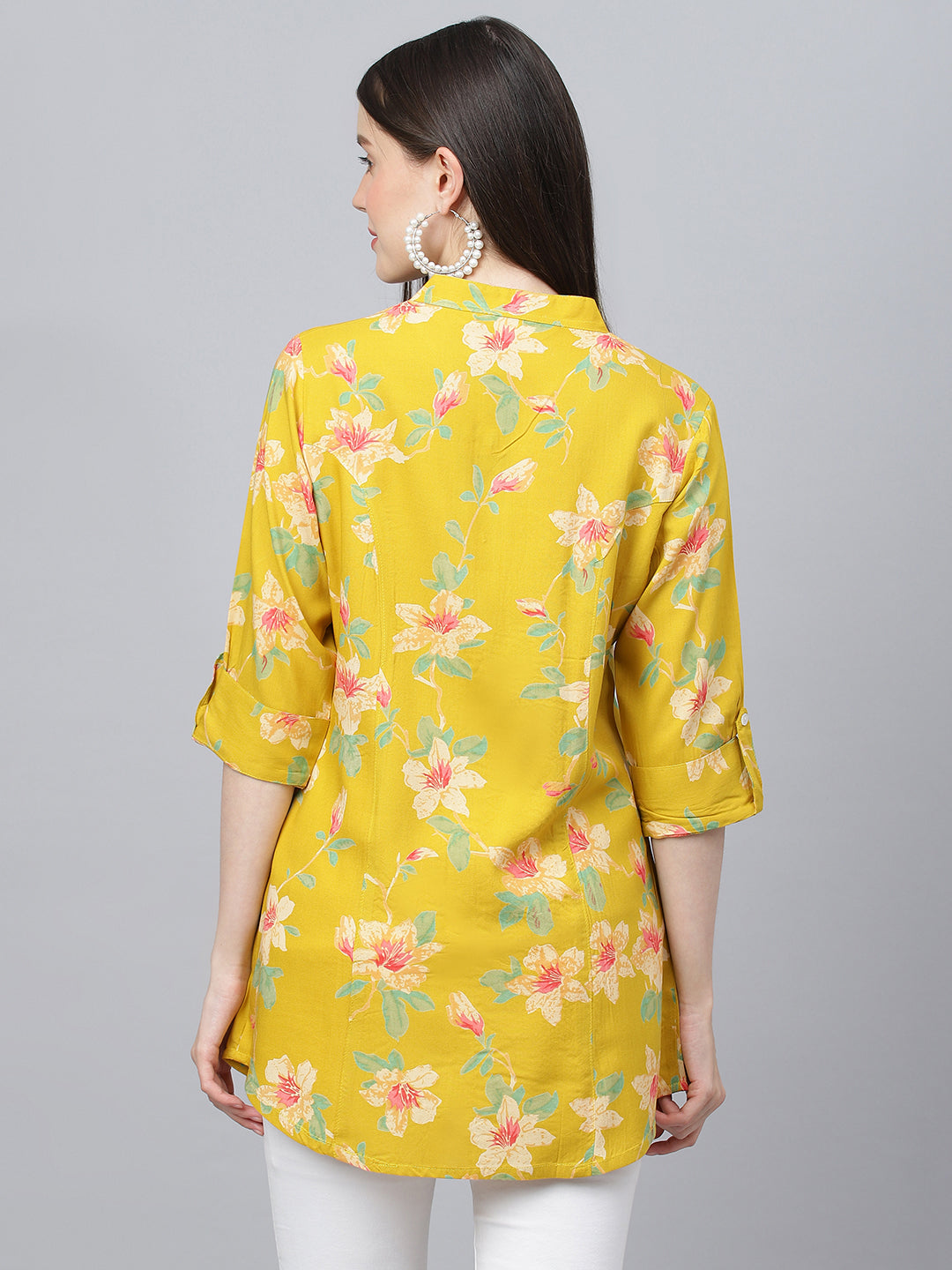 Women's Yellow Floral printed Rayon A-line Shirts Style Top - Taantav