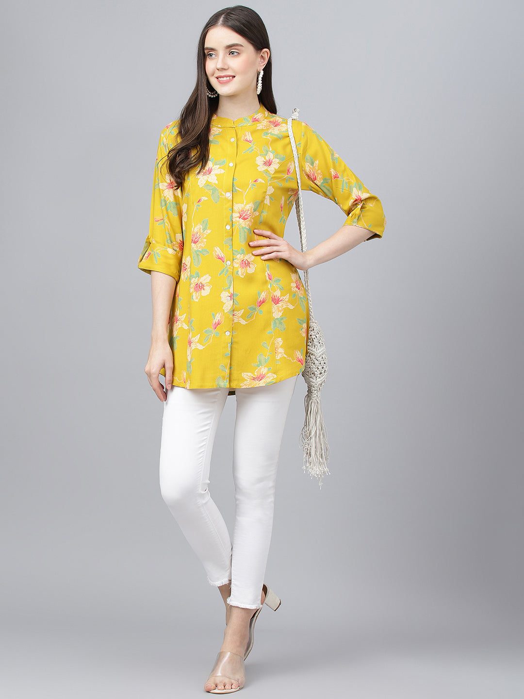 Women's Yellow Floral printed Rayon A-line Shirts Style Top - Taantav