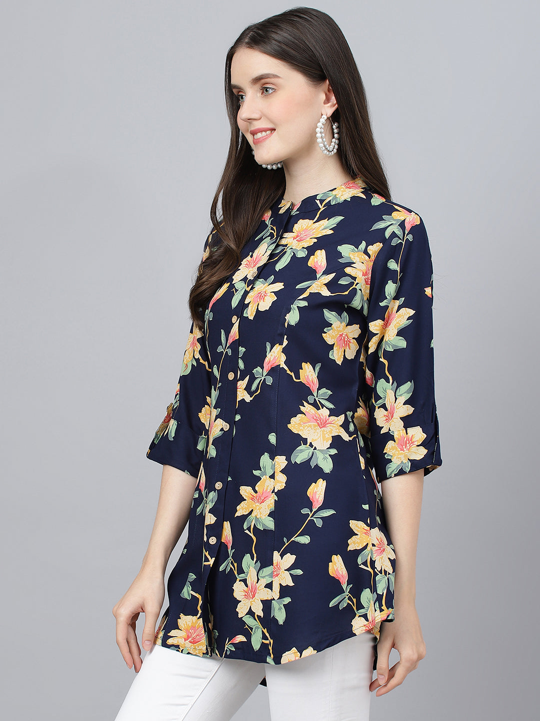 Women's Navy Blue Floral printed Rayon A-line Shirts Style Top - Taantav