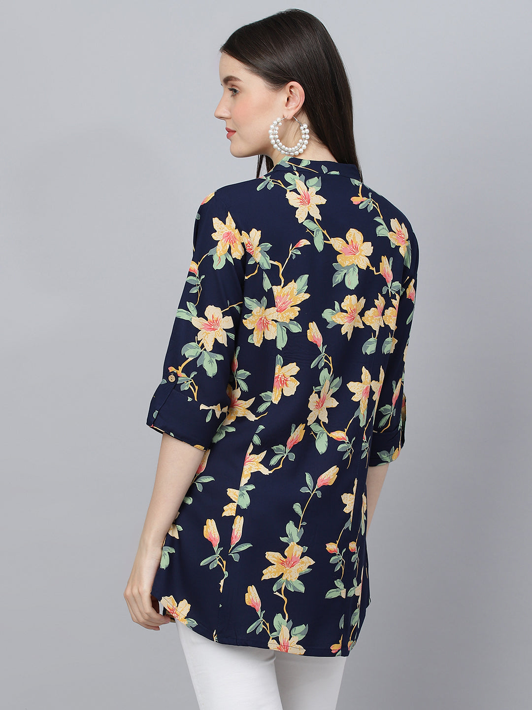 Women's Navy Blue Floral printed Rayon A-line Shirts Style Top - Taantav