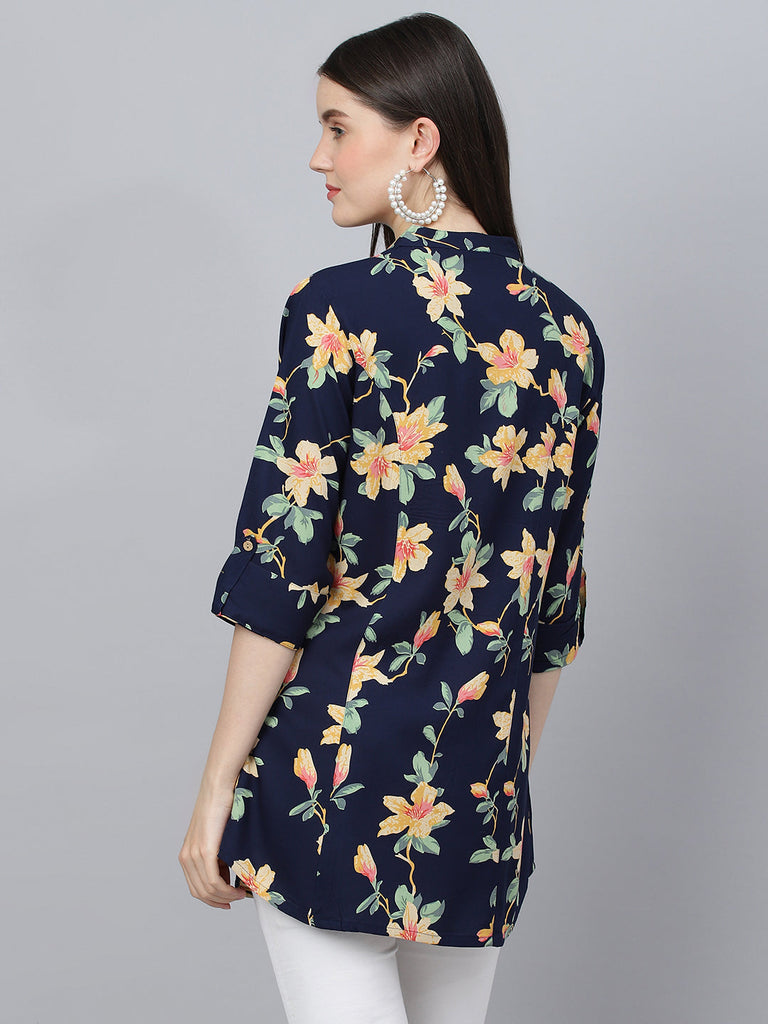 Women's Navy Blue Floral printed Rayon A-line Shirts Style Top