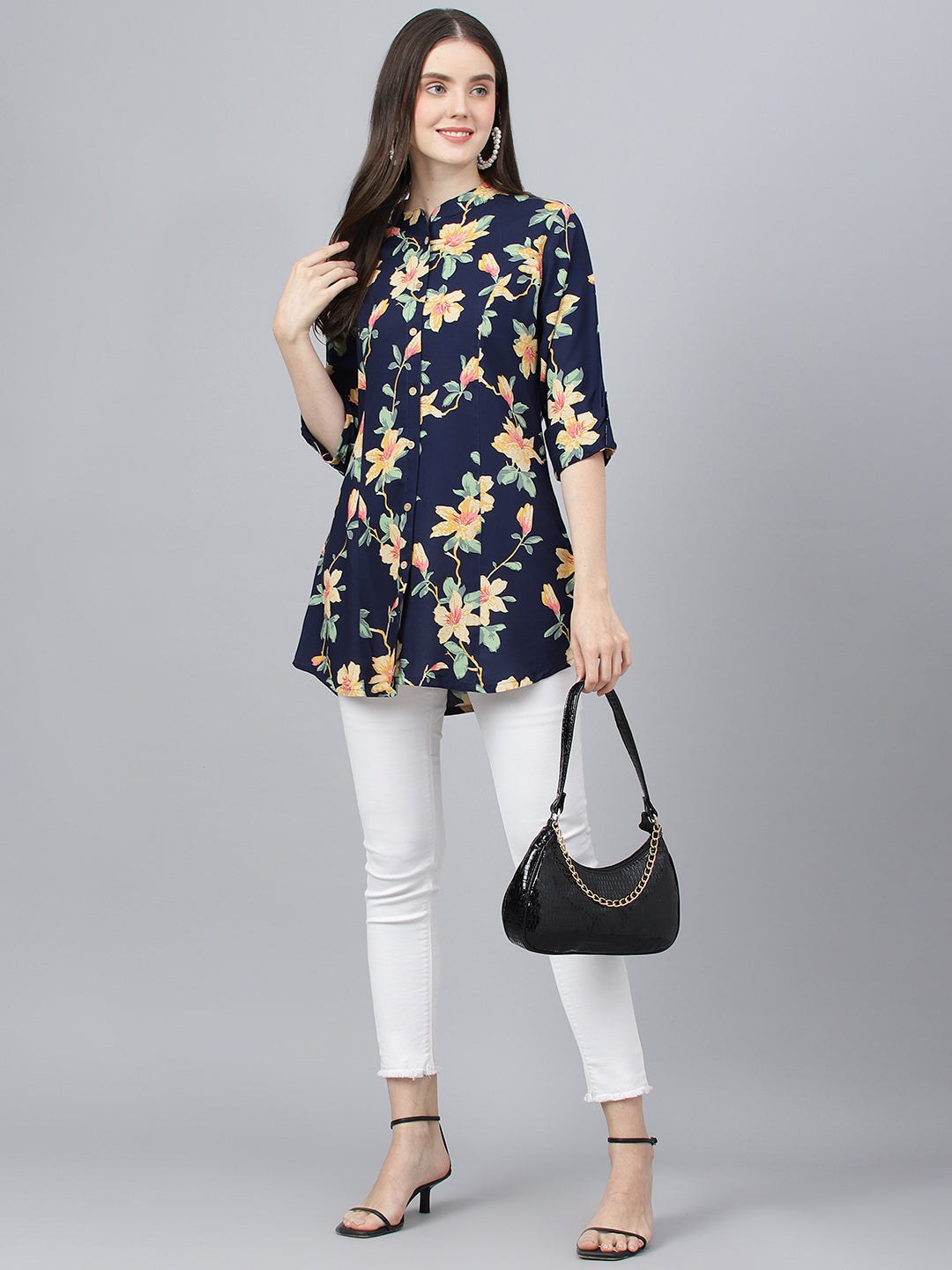 Women's Navy Blue Floral printed Rayon A-line Shirts Style Top - Taantav