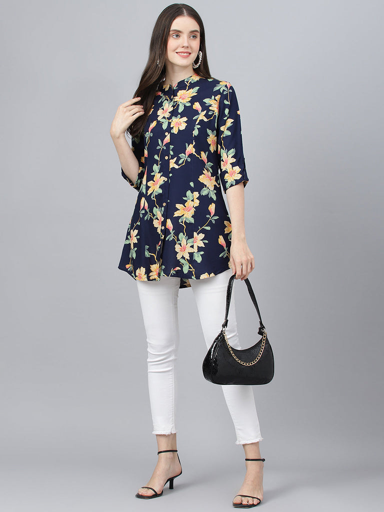 Women's Navy Blue Floral printed Rayon A-line Shirts Style Top