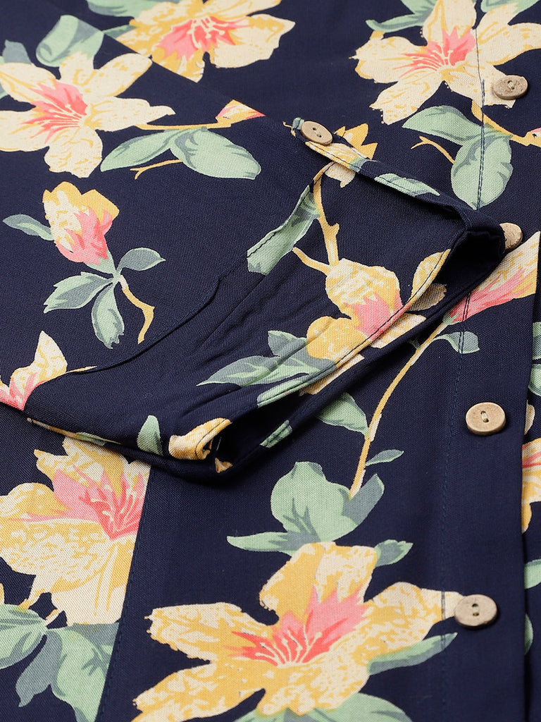 Women's Navy Blue Floral printed Rayon A-line Shirts Style Top