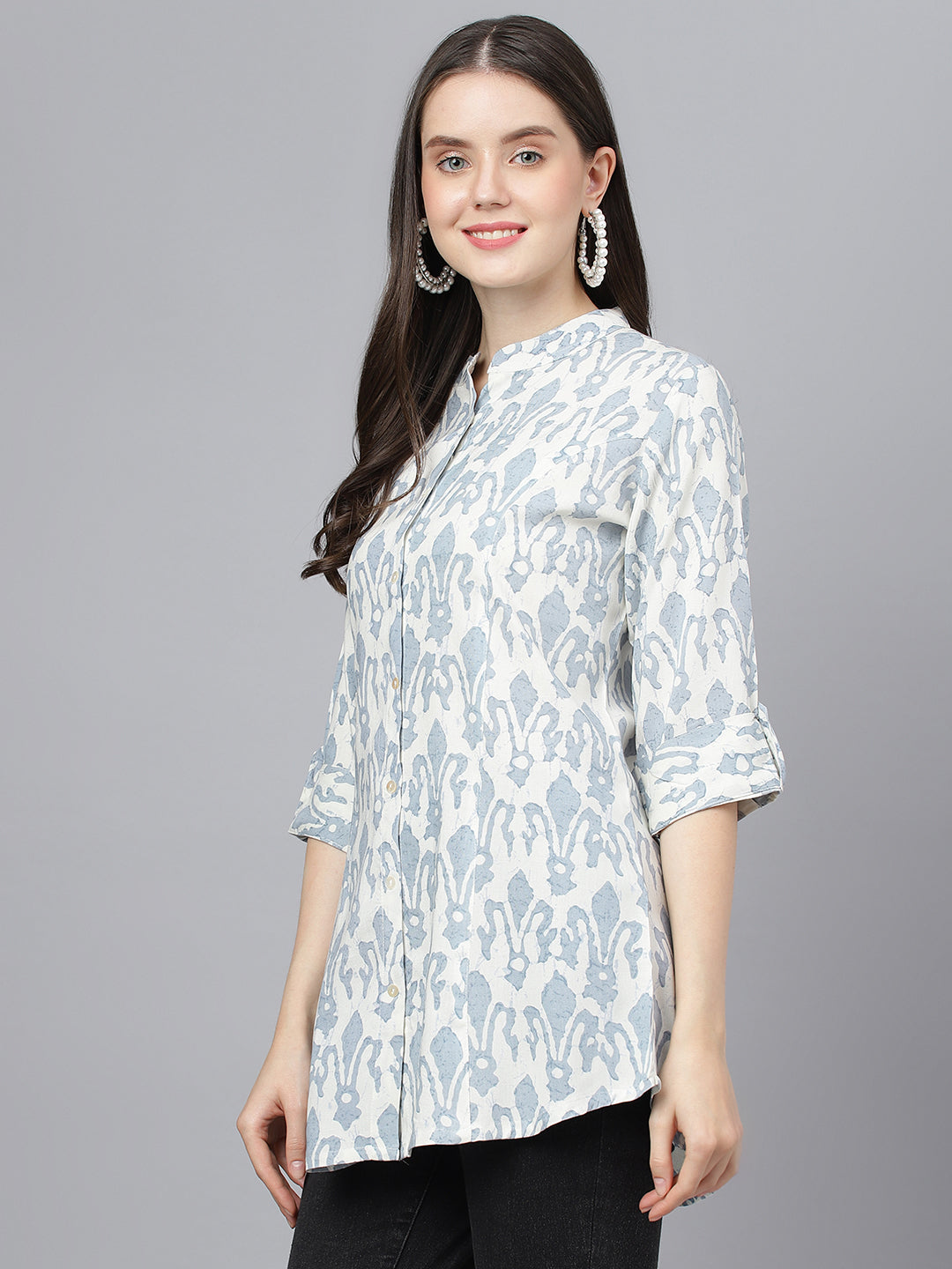 Women's Off white Abstract printed Rayon A-line Shirts Style Top - Taantav